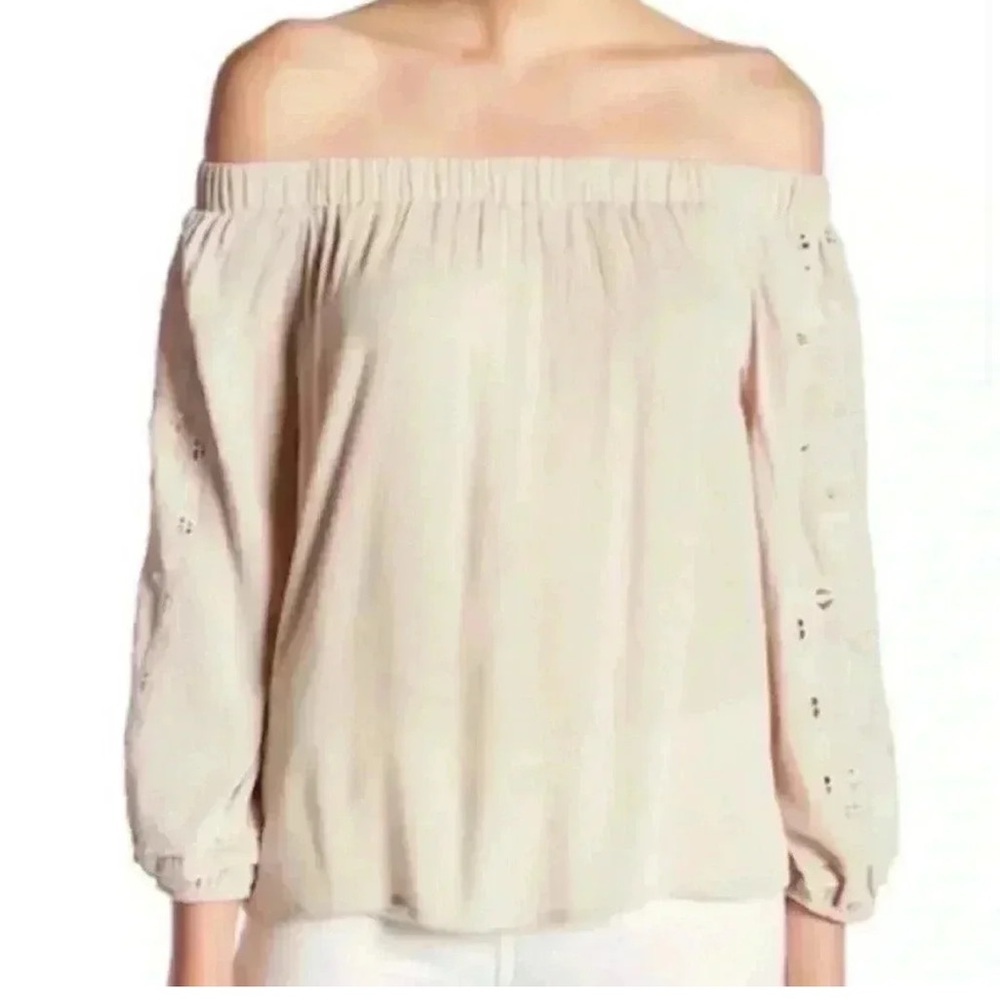 Astr The Label Off The Shoulder Long Sleeve Top Embroidered Flowy Tan Small